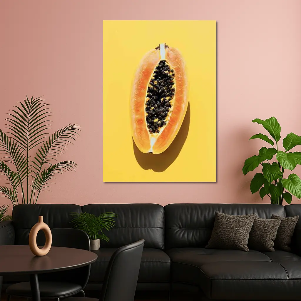 Sliced Papaya On Yellow Background – Wall Art