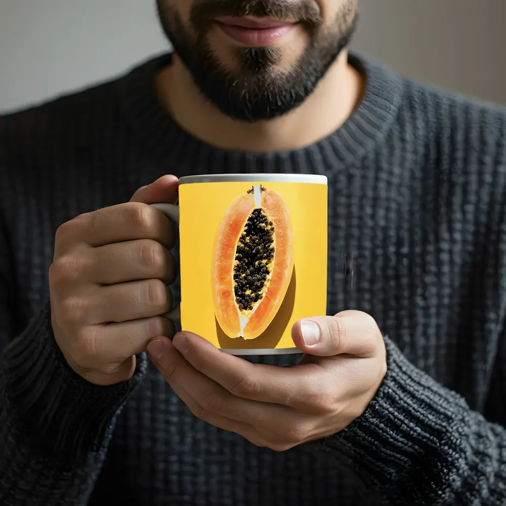 Sliced Papaya On Yellow Background – Mugs