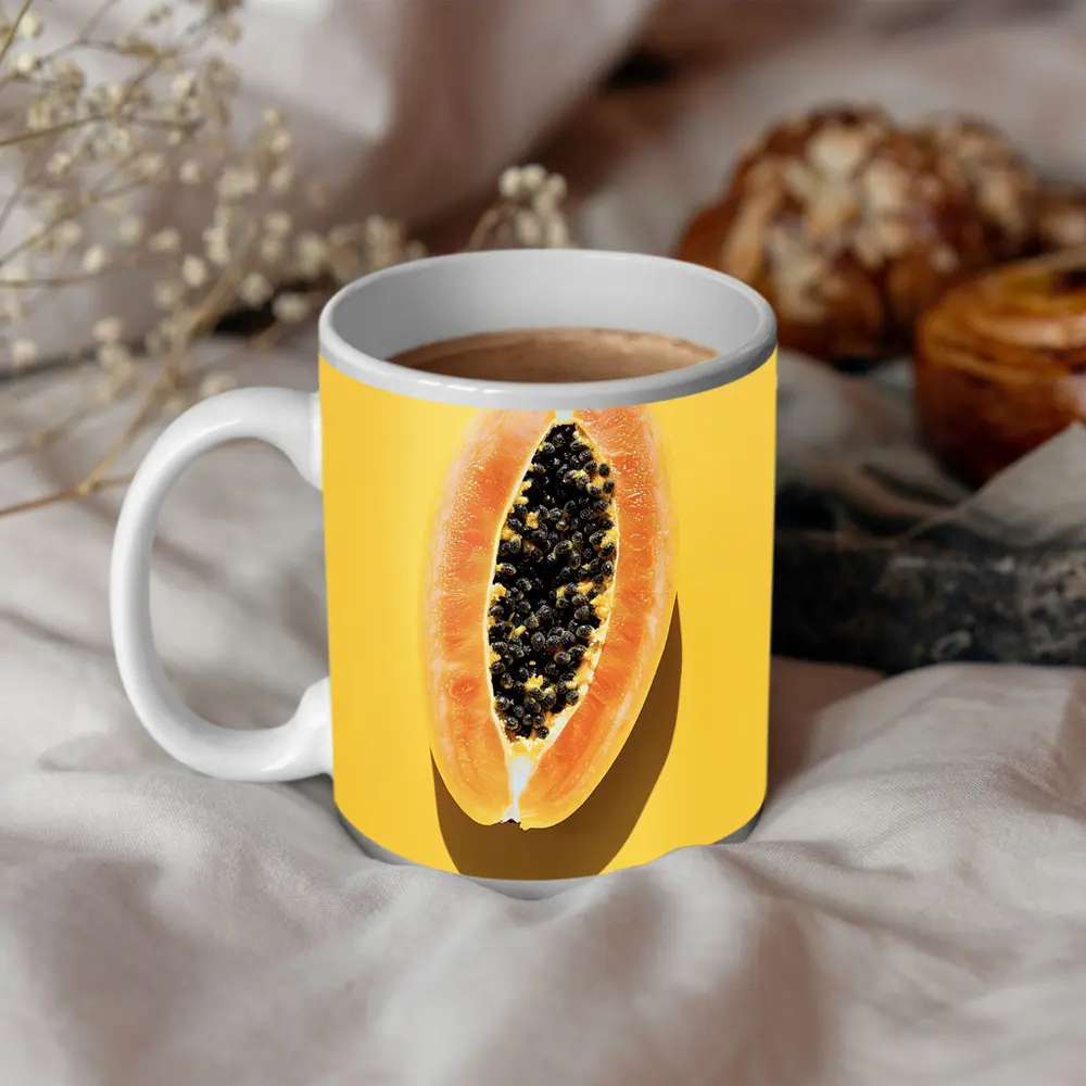 Sliced Papaya On Yellow Background – Mugs