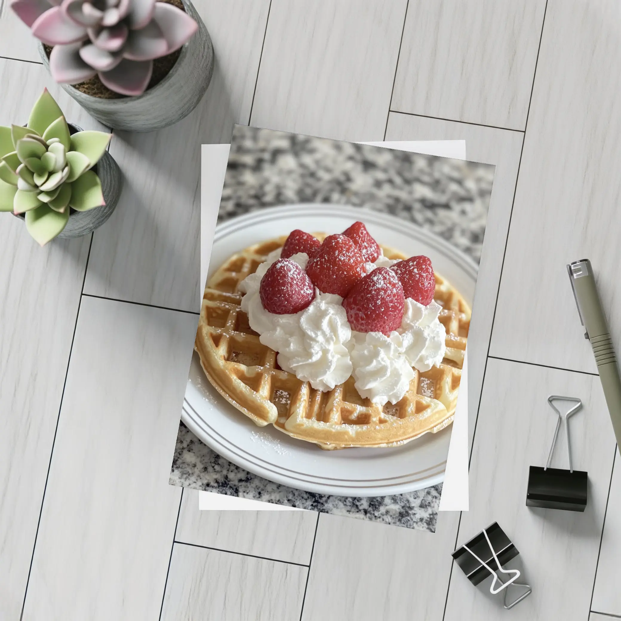 Waffle Whipped Cream Strawberries Marble Counter – Postcards