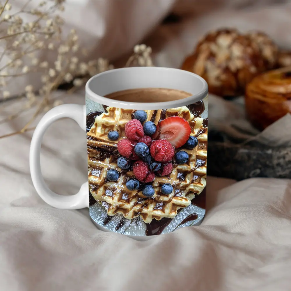 Belgian Waffle With Fresh Berries Chocolate Drizzle – Mugs