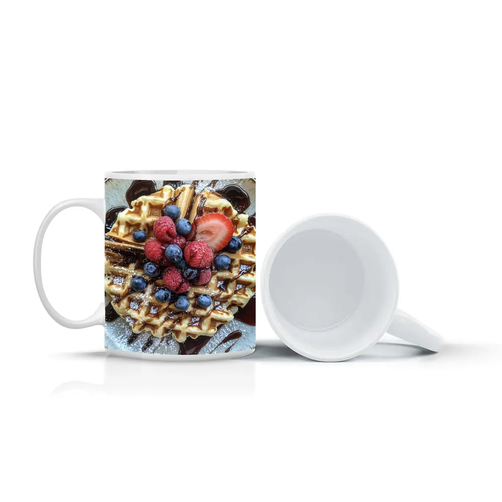 Belgian Waffle With Fresh Berries Chocolate Drizzle – Mugs