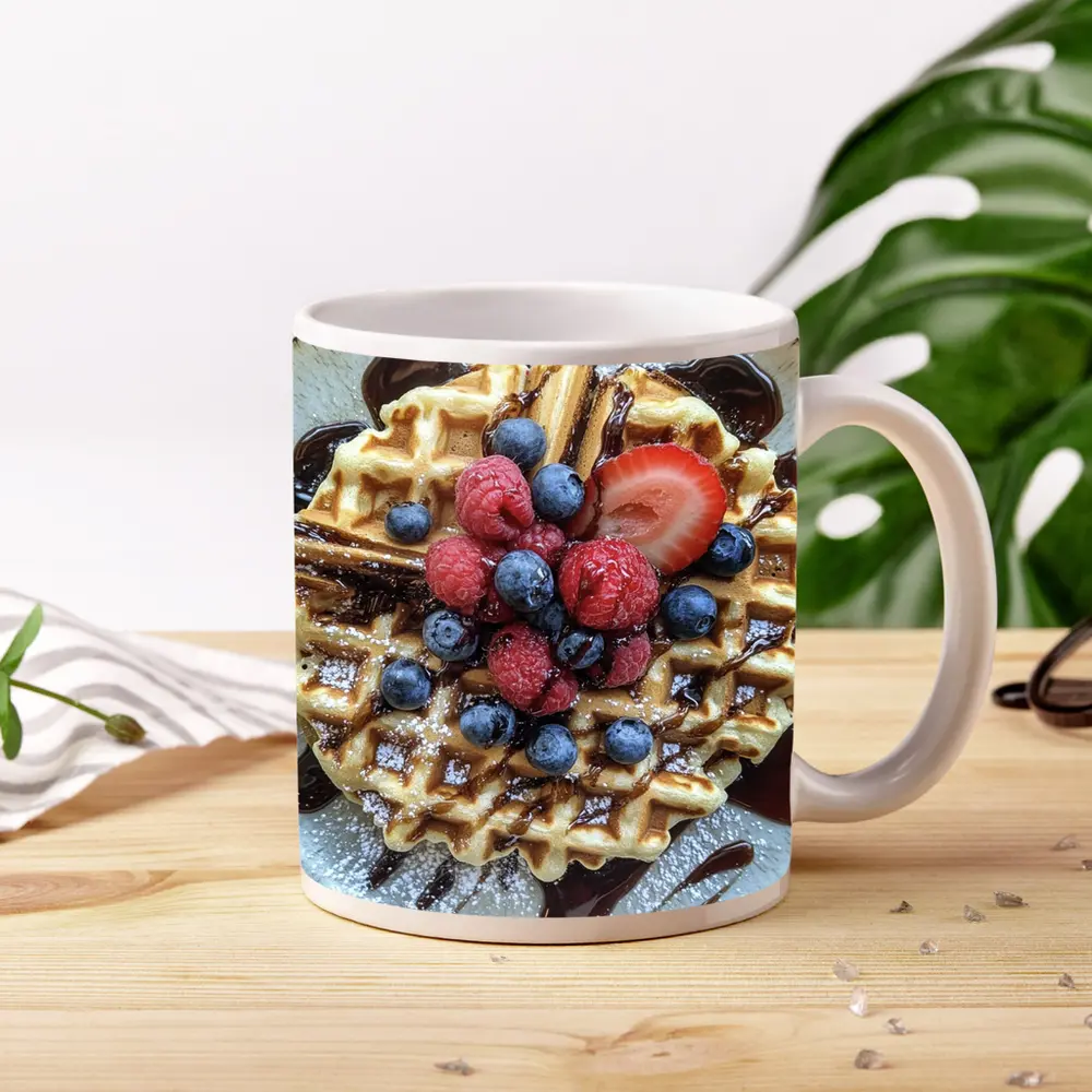 Belgian Waffle With Fresh Berries Chocolate Drizzle – Mugs