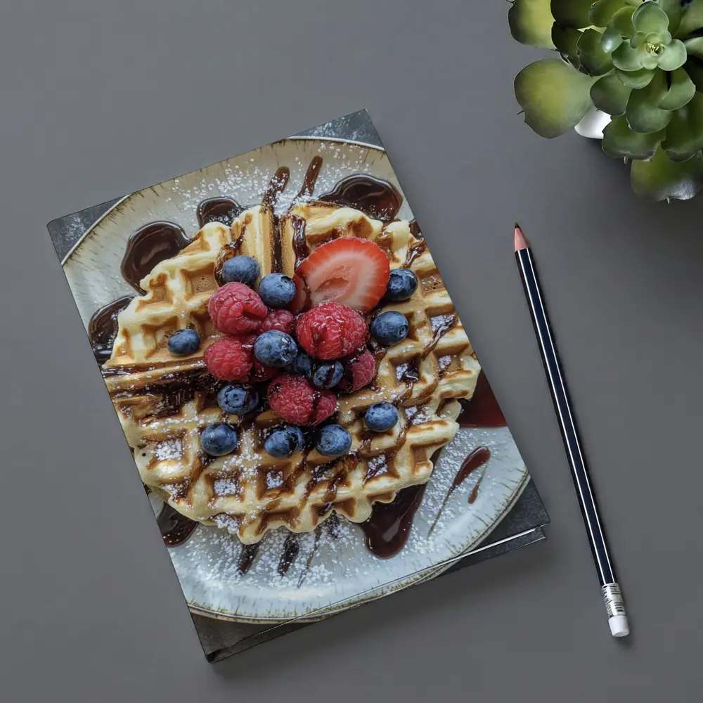 Belgian Waffle With Fresh Berries Chocolate Drizzle – Notebooks