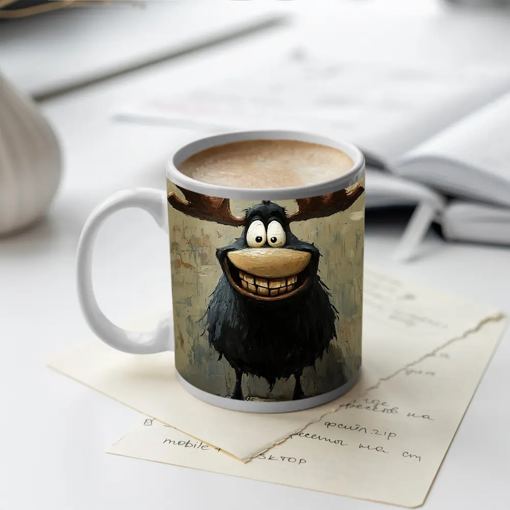 Funny Cartoon Moose Grinning Textured Wall Background – Mugs