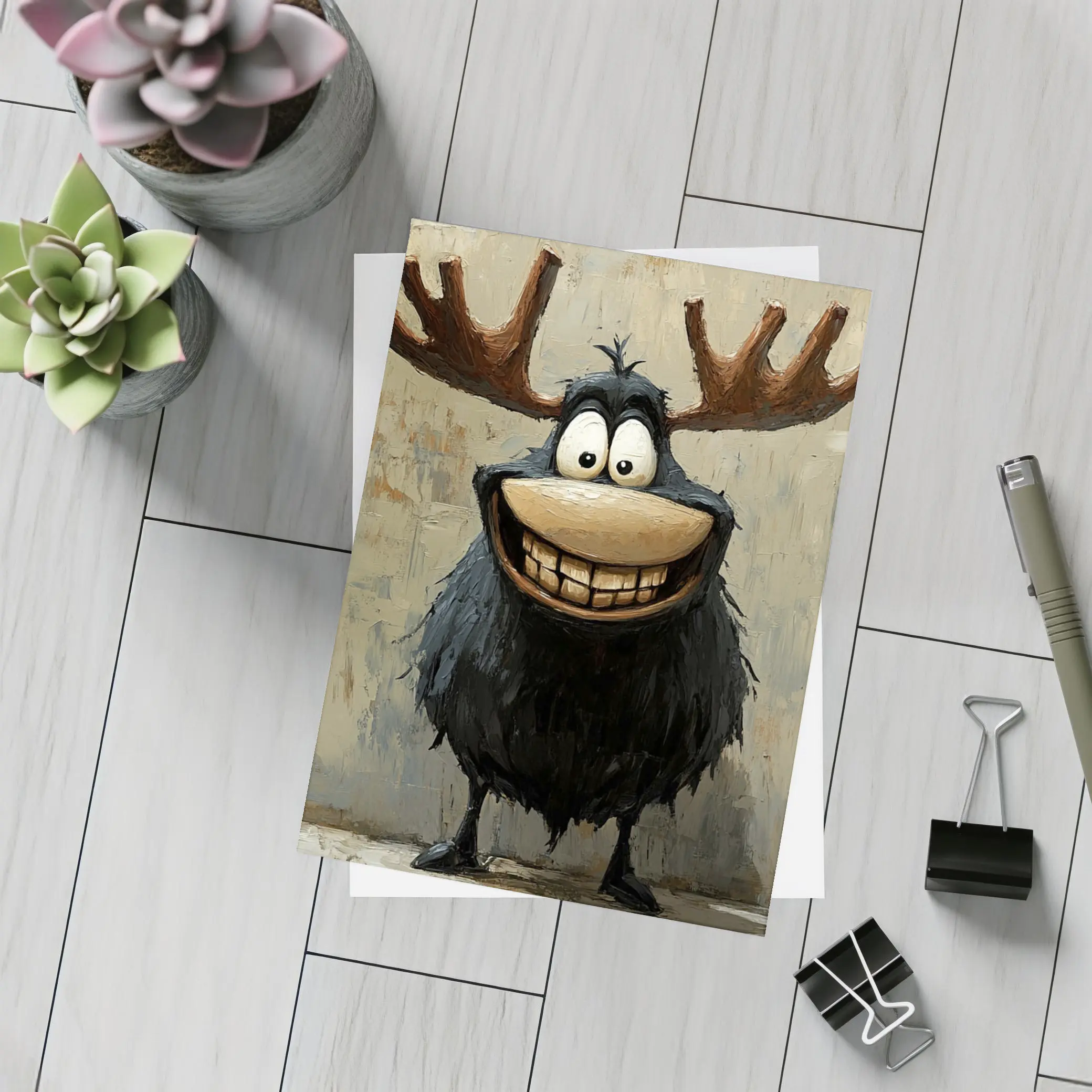Funny Cartoon Moose Grinning Textured Wall Background – Postcards