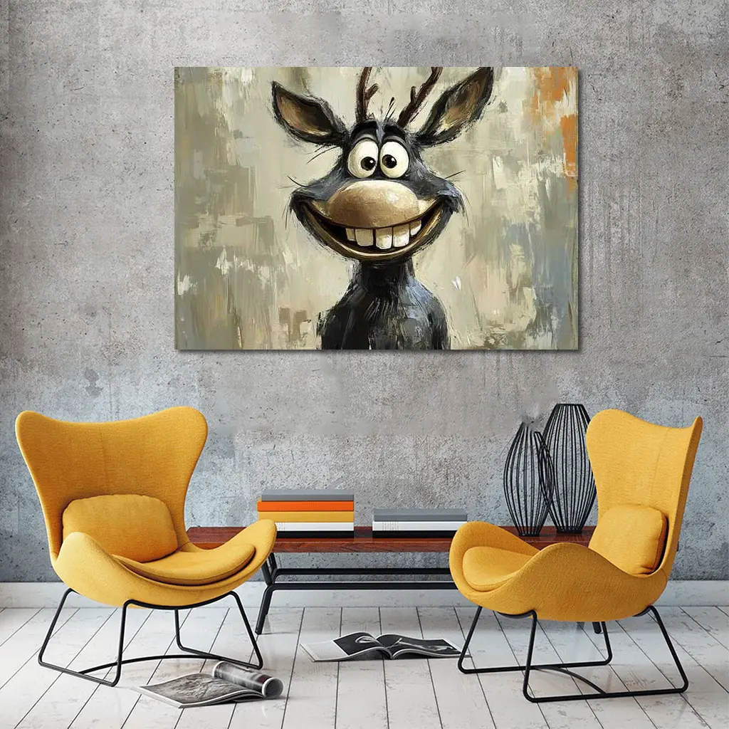 Funny Cartoon Reindeer Portrait Oil Painting – Wall Art