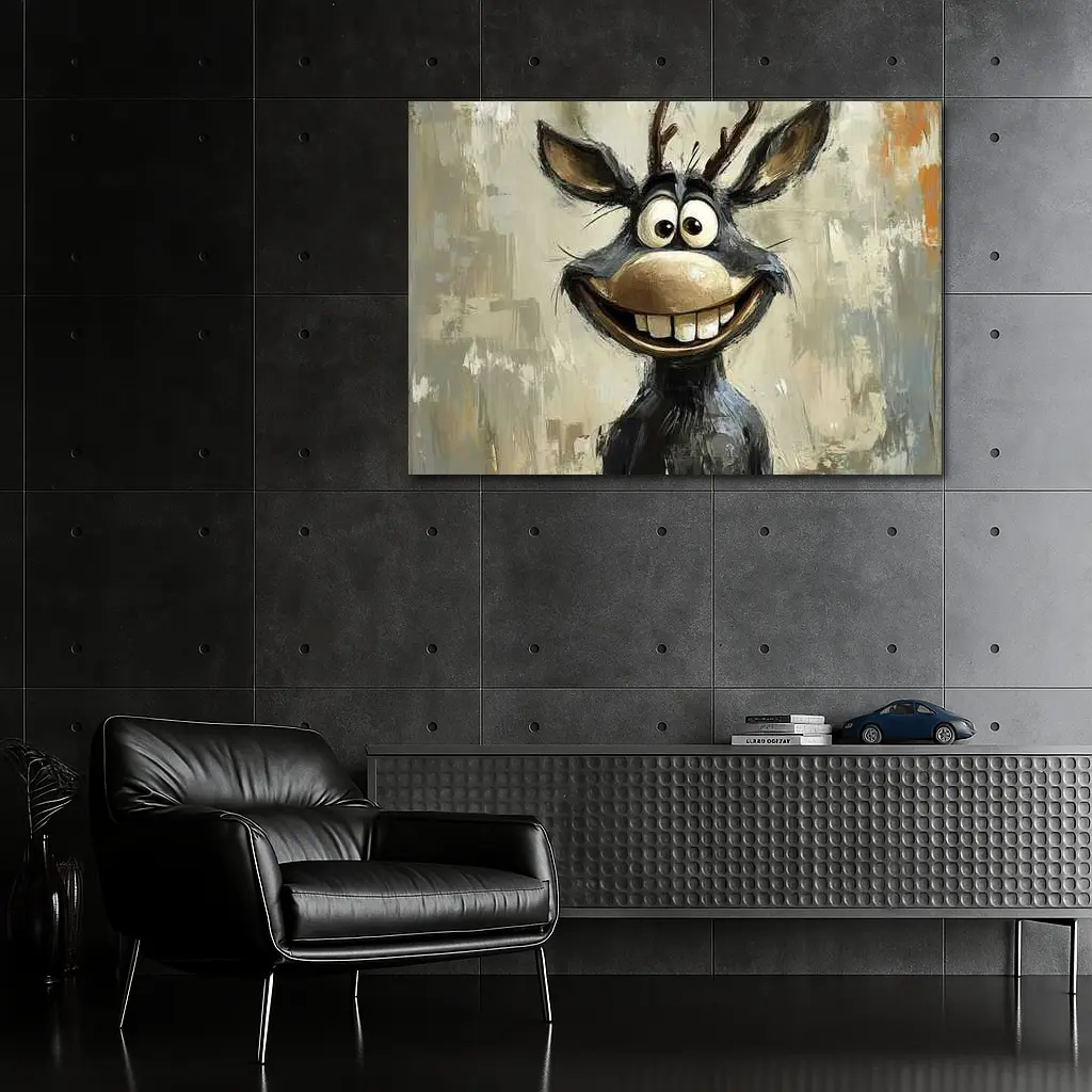 Funny Cartoon Reindeer Portrait Oil Painting – Wall Art