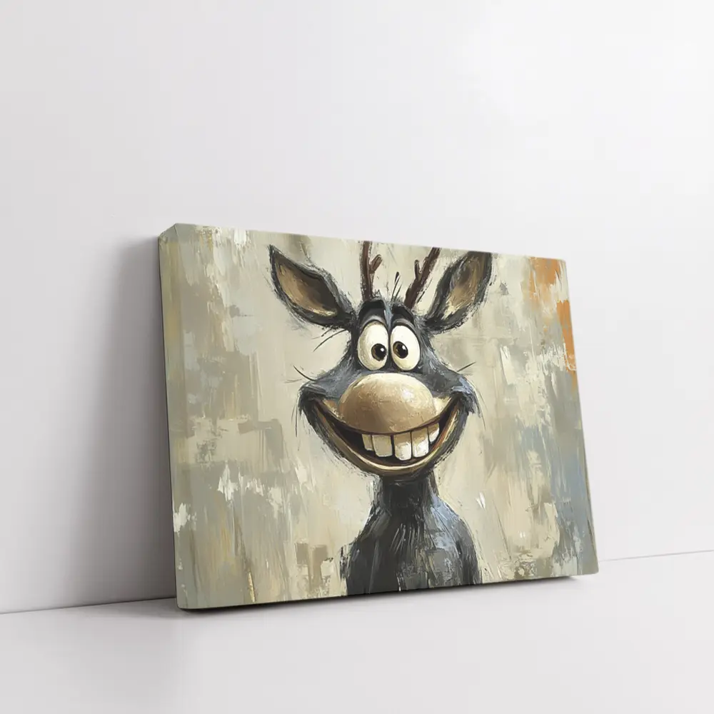 Funny Cartoon Reindeer Portrait Oil Painting – Wall Art