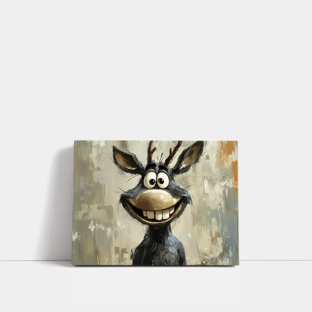 Funny Cartoon Reindeer Portrait Oil Painting – Wall Art