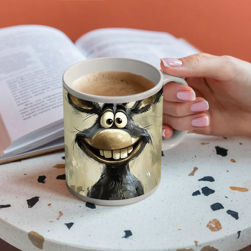 Funny Cartoon Reindeer Portrait Oil Painting – Mugs