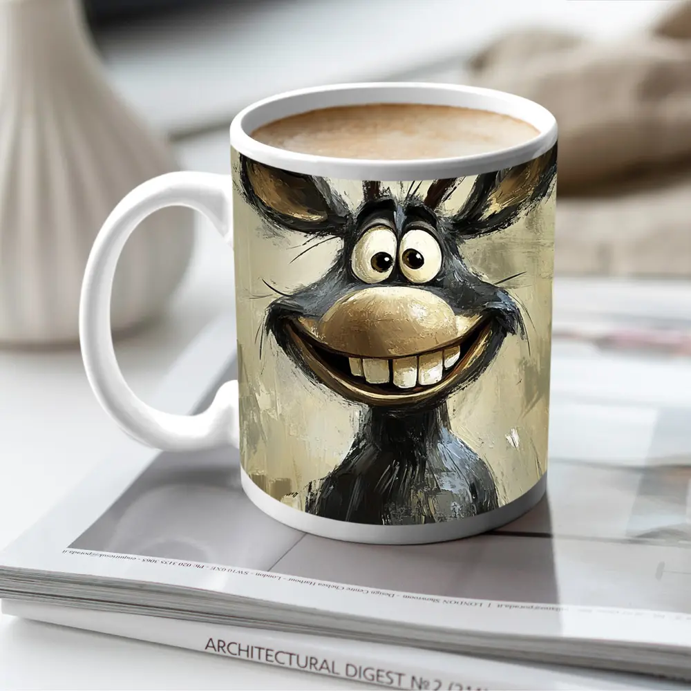 Funny Cartoon Reindeer Portrait Oil Painting – Mugs