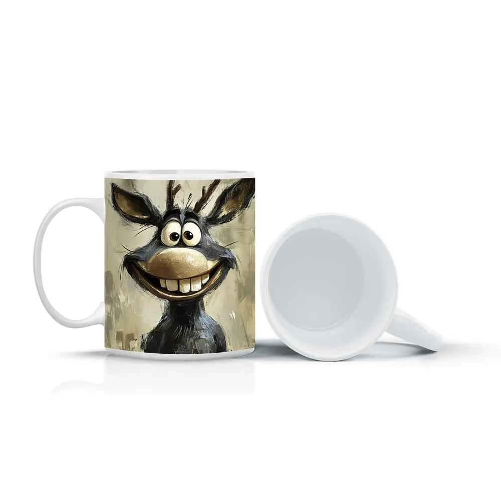 Funny Cartoon Reindeer Portrait Oil Painting – Mugs