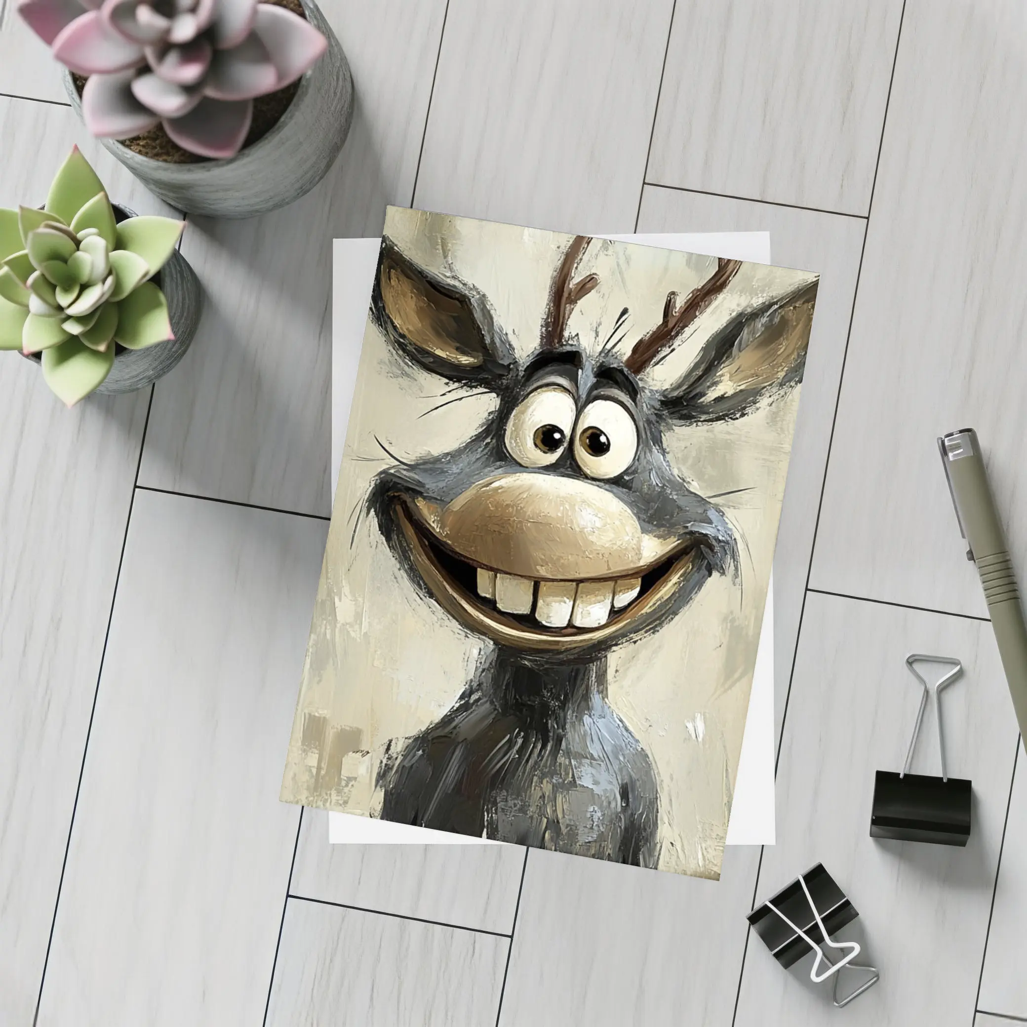 Funny Cartoon Reindeer Portrait Oil Painting – Postcards