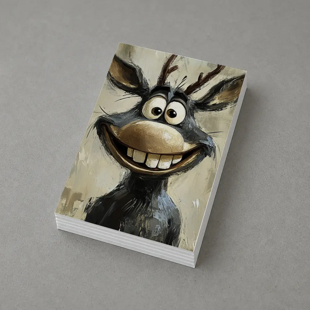 Funny Cartoon Reindeer Portrait Oil Painting – Postcards