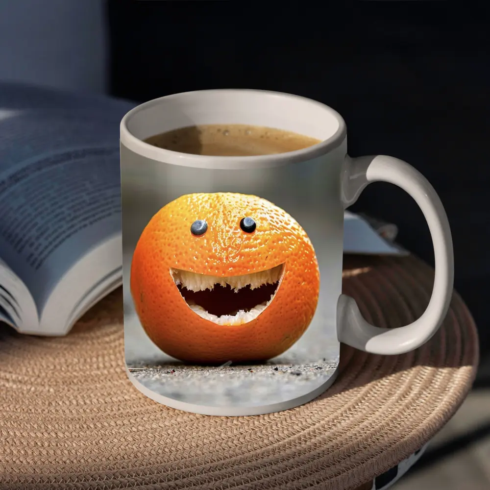 Funny Smiling Orange Fruit Street Art – Mugs