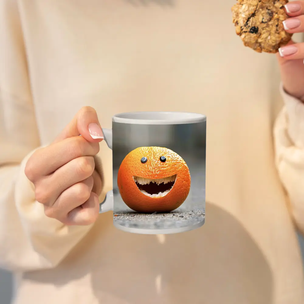 Funny Smiling Orange Fruit Street Art – Mugs