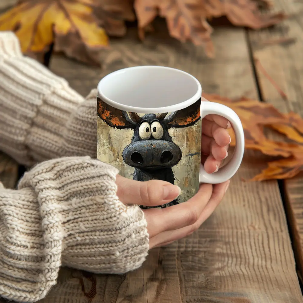 Funny Cartoon Moose Painting Textured Background – Mugs