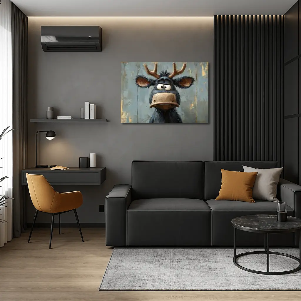 Grumpy Cartoon Moose Portrait Textured Blue Background – Wall Art