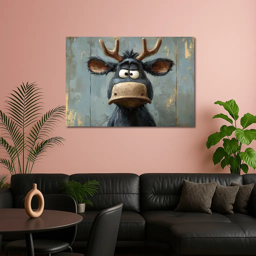 Grumpy Cartoon Moose Portrait Textured Blue Background – Wall Art
