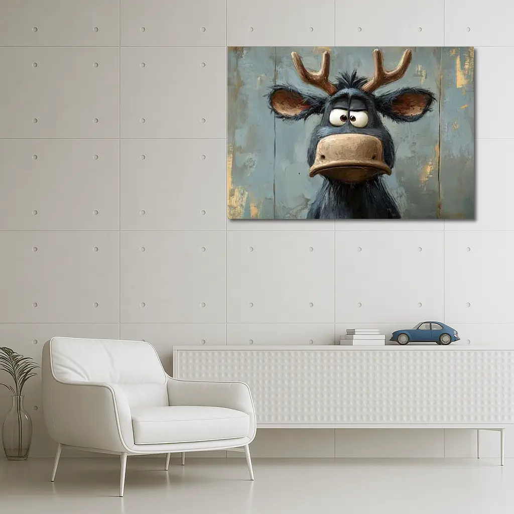 Grumpy Cartoon Moose Portrait Textured Blue Background – Wall Art