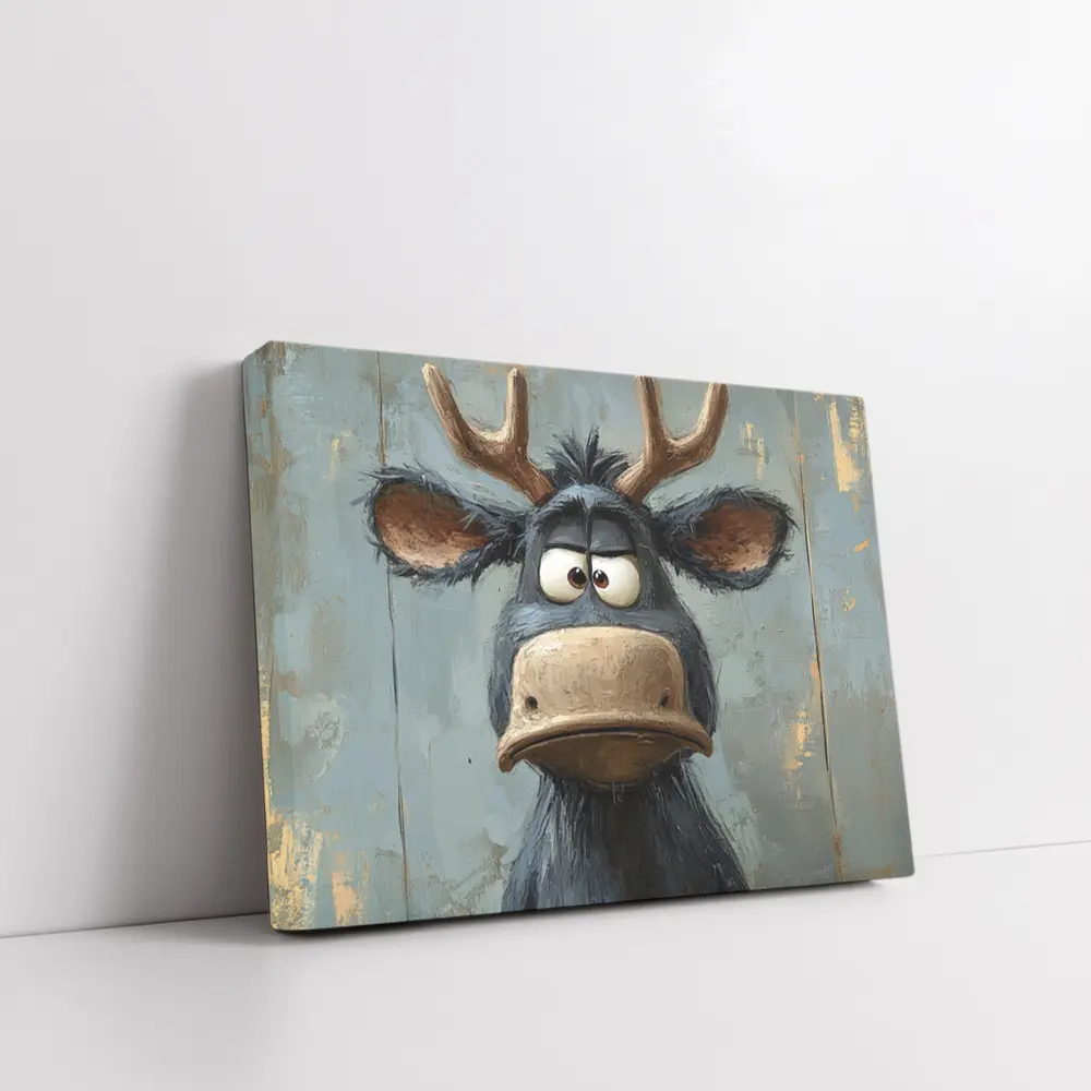 Grumpy Cartoon Moose Portrait Textured Blue Background – Wall Art