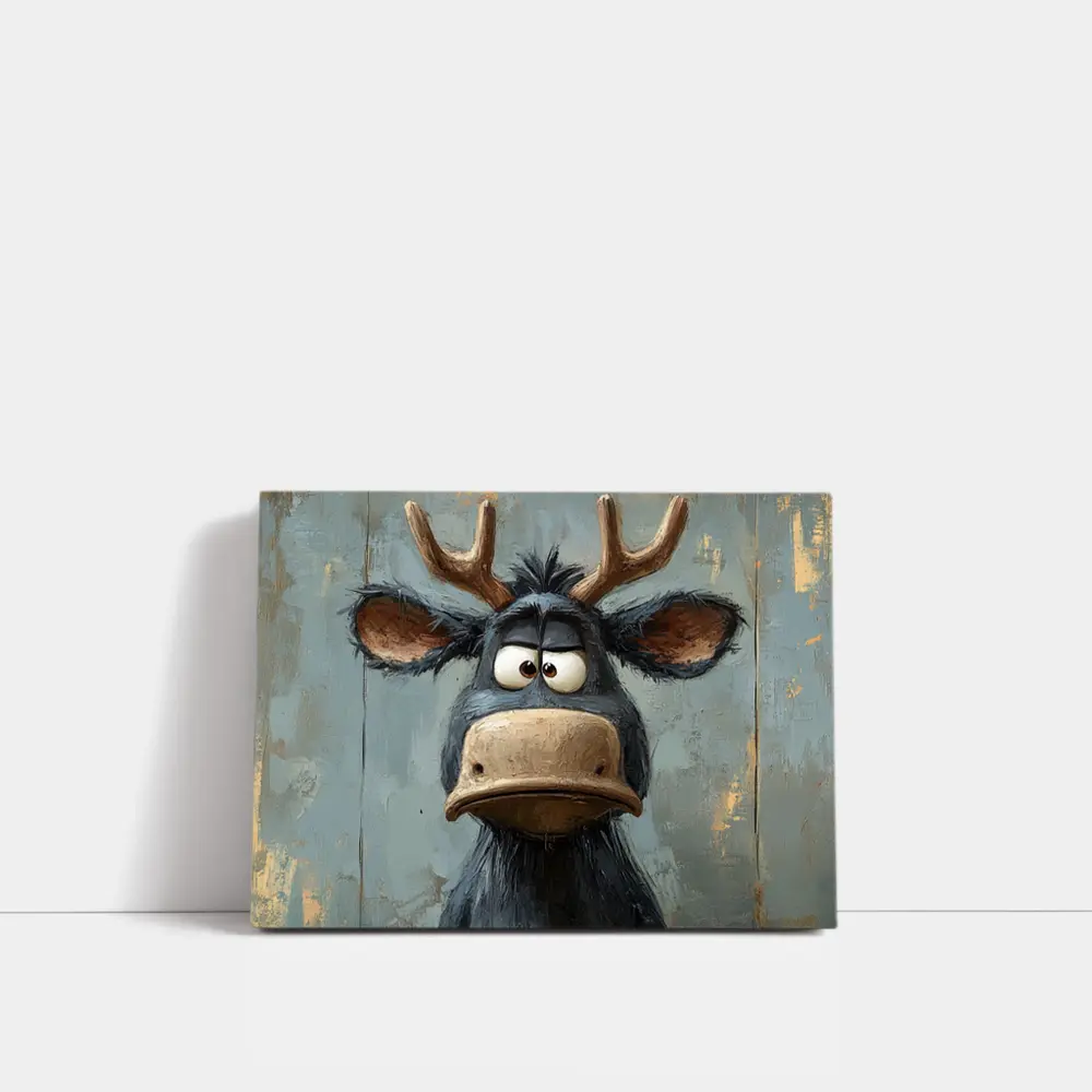 Grumpy Cartoon Moose Portrait Textured Blue Background – Wall Art