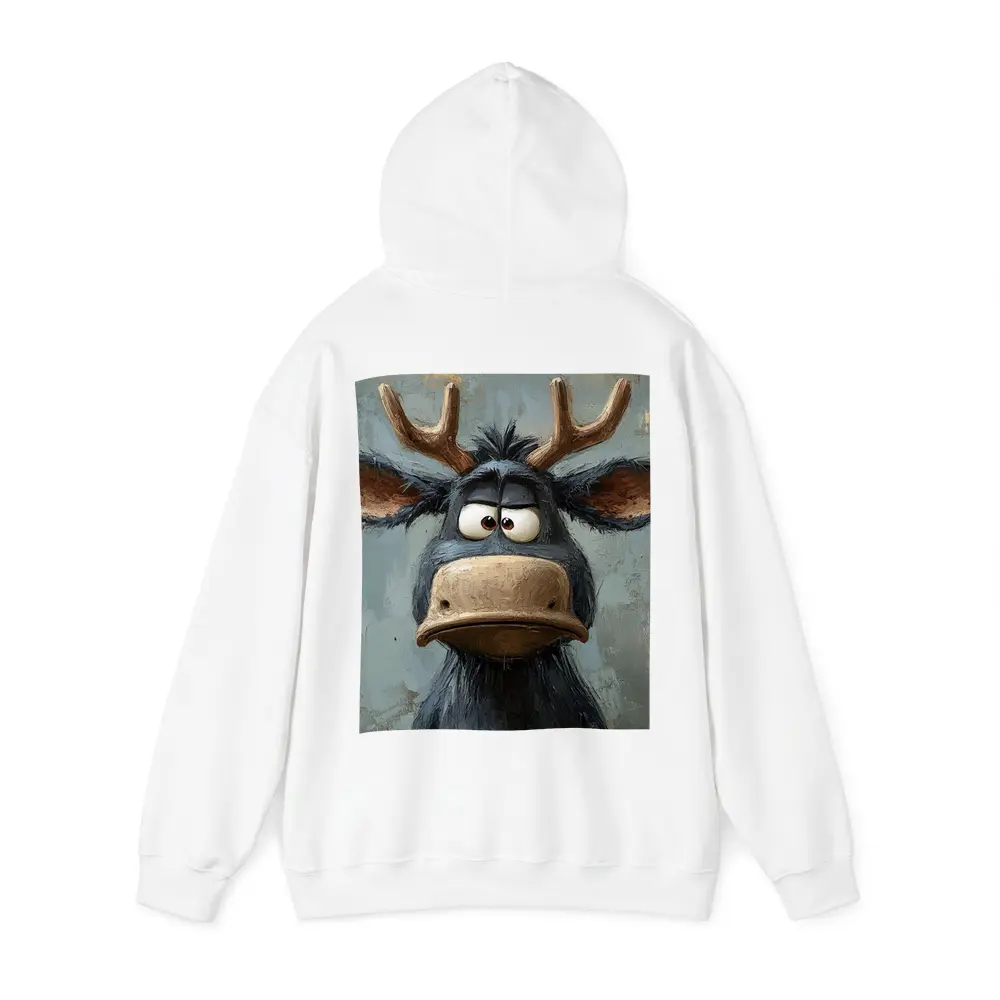 Grumpy Cartoon Moose Portrait Textured Blue Background – Hoodies
