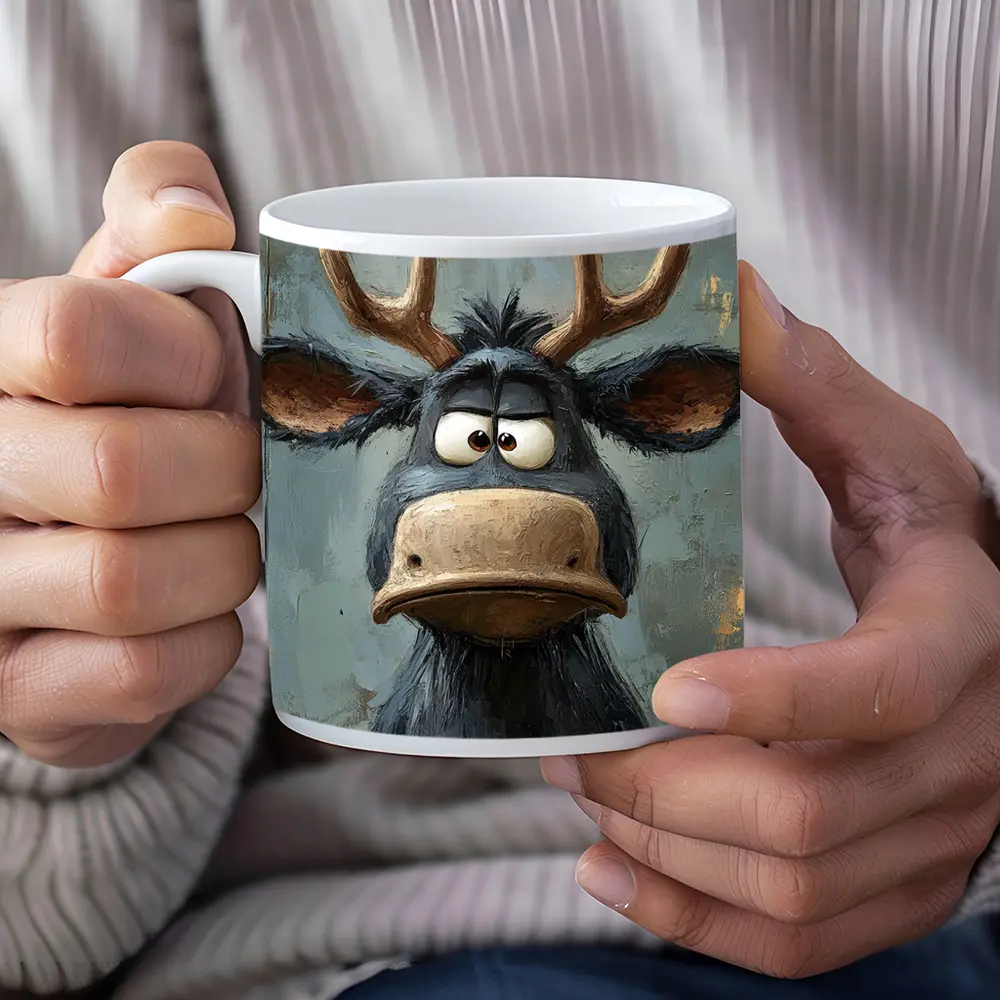 Grumpy Cartoon Moose Portrait Textured Blue Background – Mugs