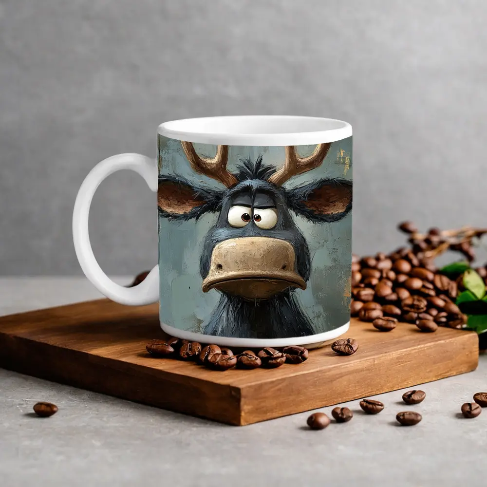 Grumpy Cartoon Moose Portrait Textured Blue Background – Mugs
