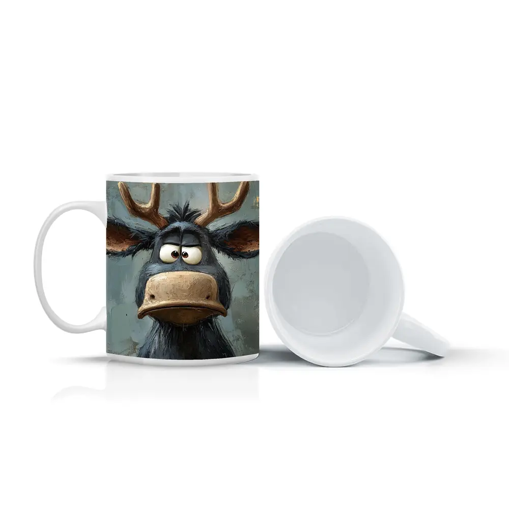 Grumpy Cartoon Moose Portrait Textured Blue Background – Mugs