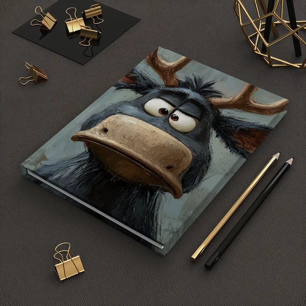 Grumpy Cartoon Moose Portrait Textured Blue Background – Notebooks
