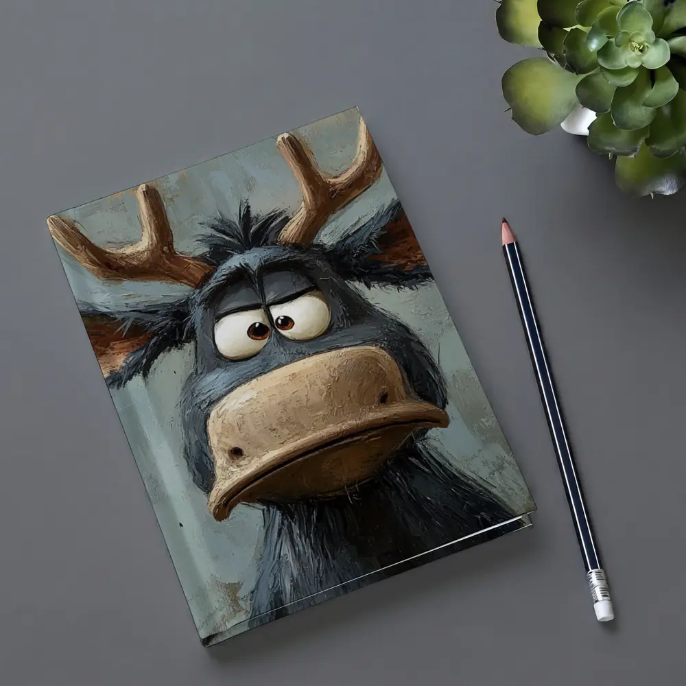 Grumpy Cartoon Moose Portrait Textured Blue Background – Notebooks