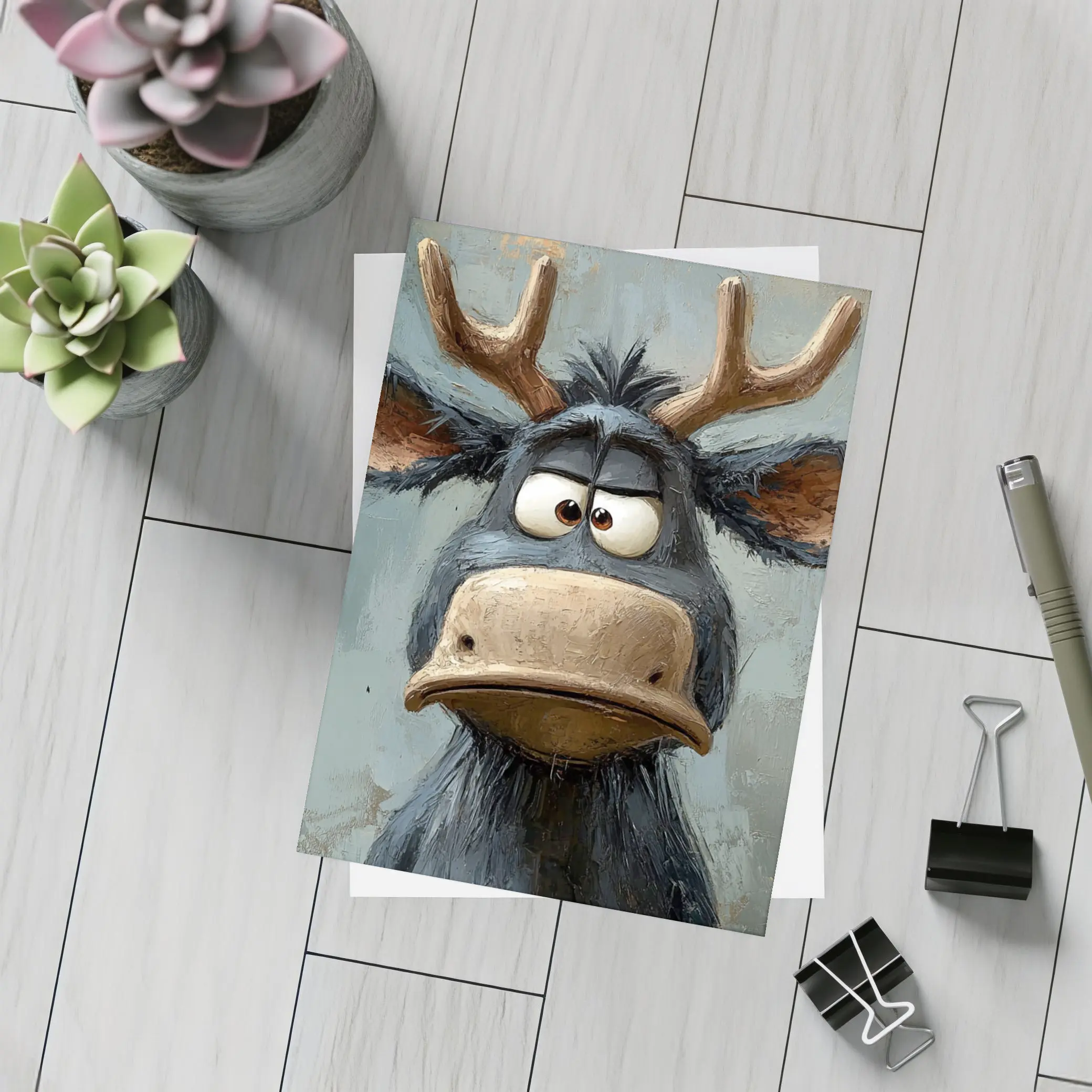Grumpy Cartoon Moose Portrait Textured Blue Background – Postcards