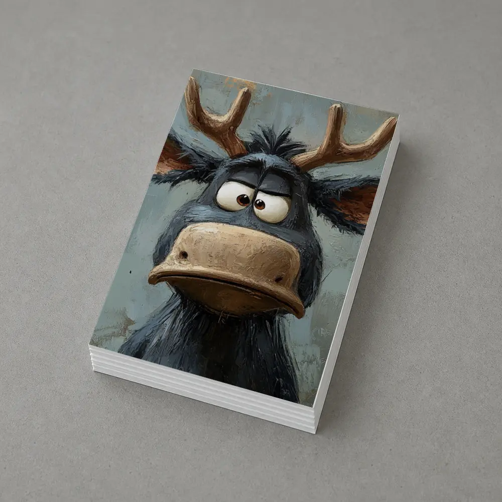 Grumpy Cartoon Moose Portrait Textured Blue Background – Postcards