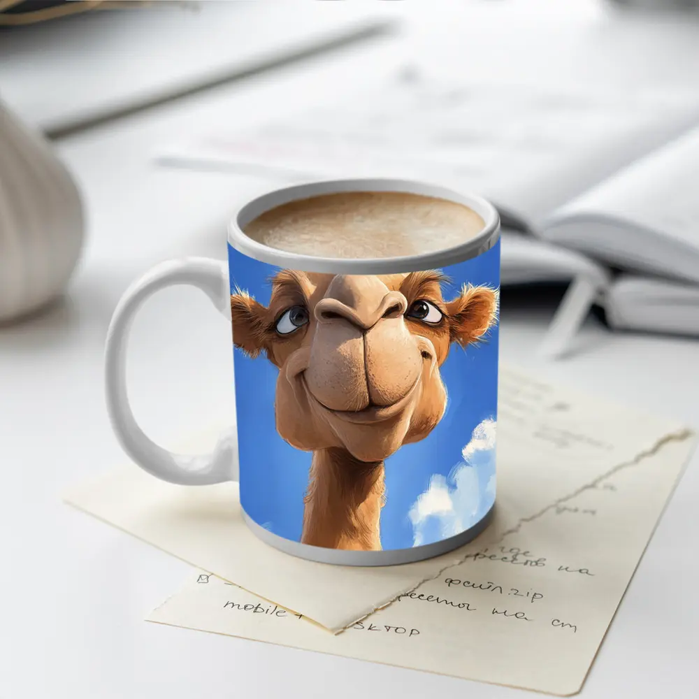 Funny Cartoon Camel Face Blue Sky – Mugs