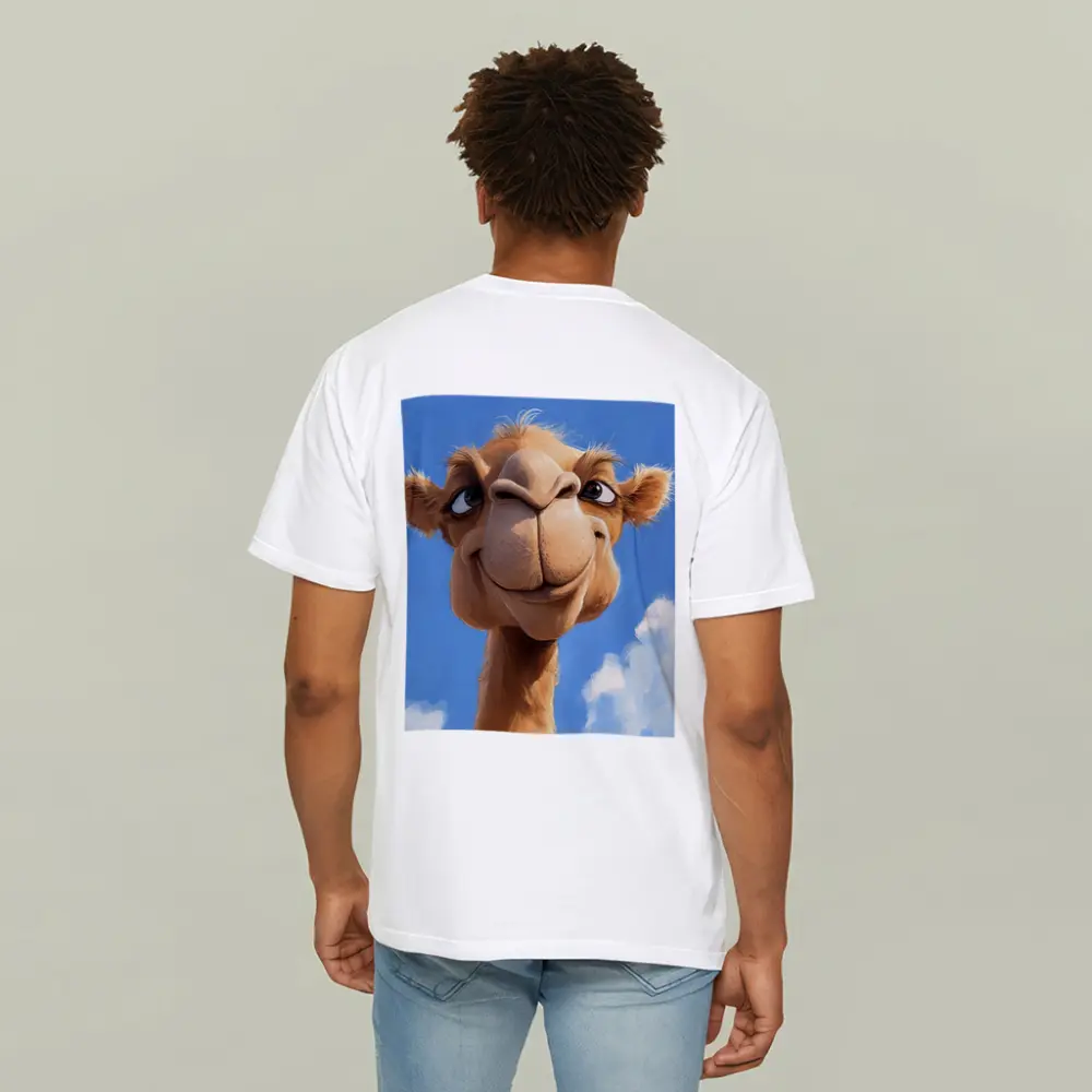 Funny Cartoon Camel Face Blue Sky – T-Shirts