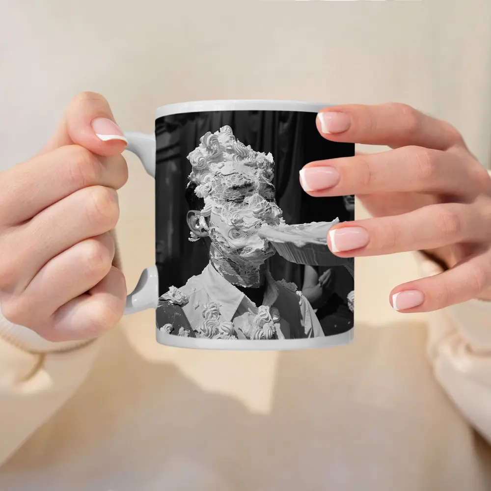 Man Covered In Cream Pie Black White – Mugs
