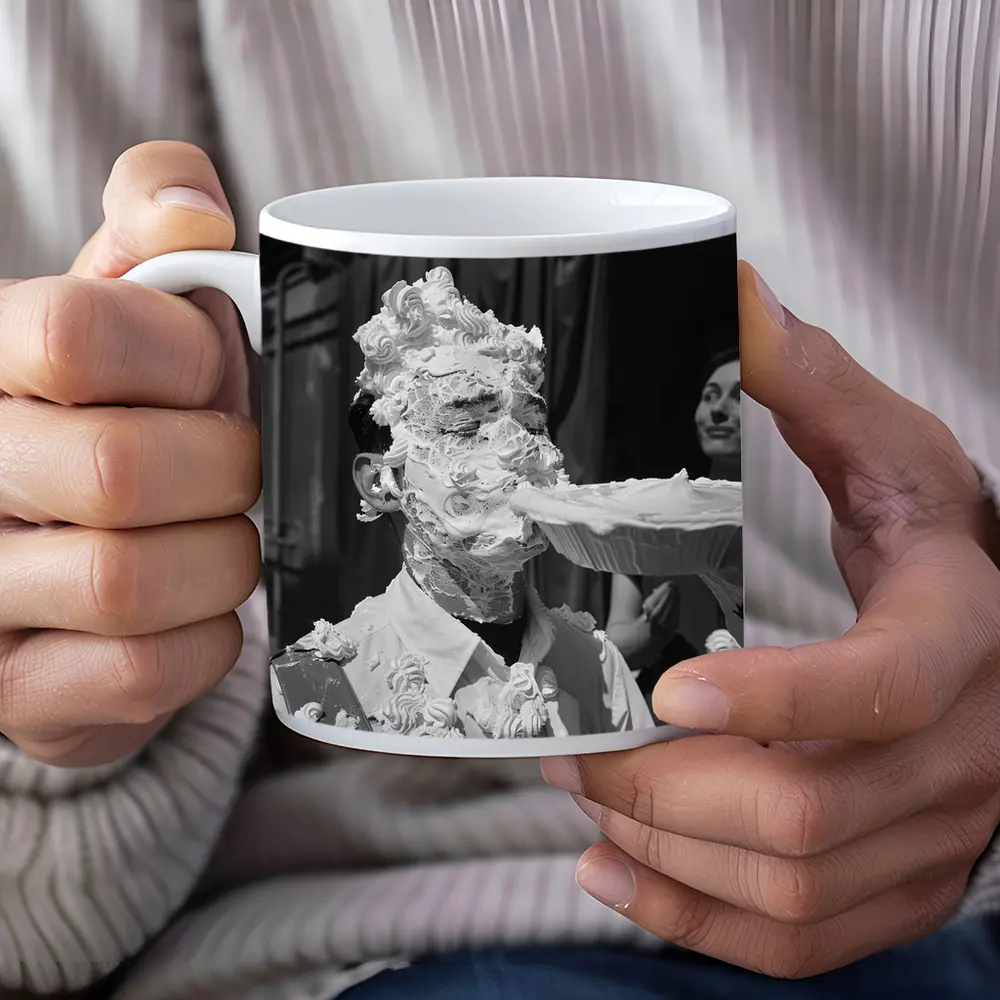 Man Covered In Cream Pie Black White – Mugs
