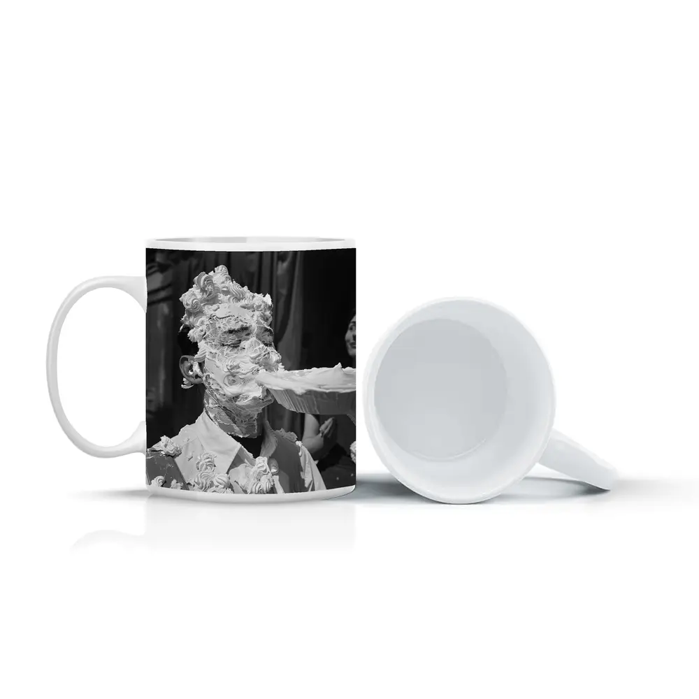 Man Covered In Cream Pie Black White – Mugs