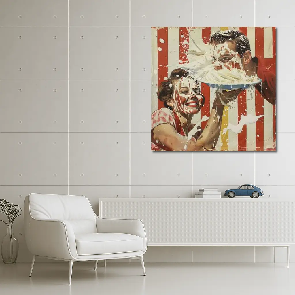 Retro Pie Fight Couple Red Striped Background – Wall Art