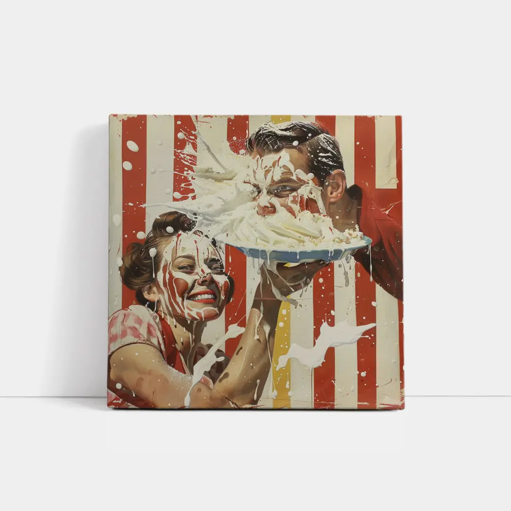 Retro Pie Fight Couple Red Striped Background – Wall Art