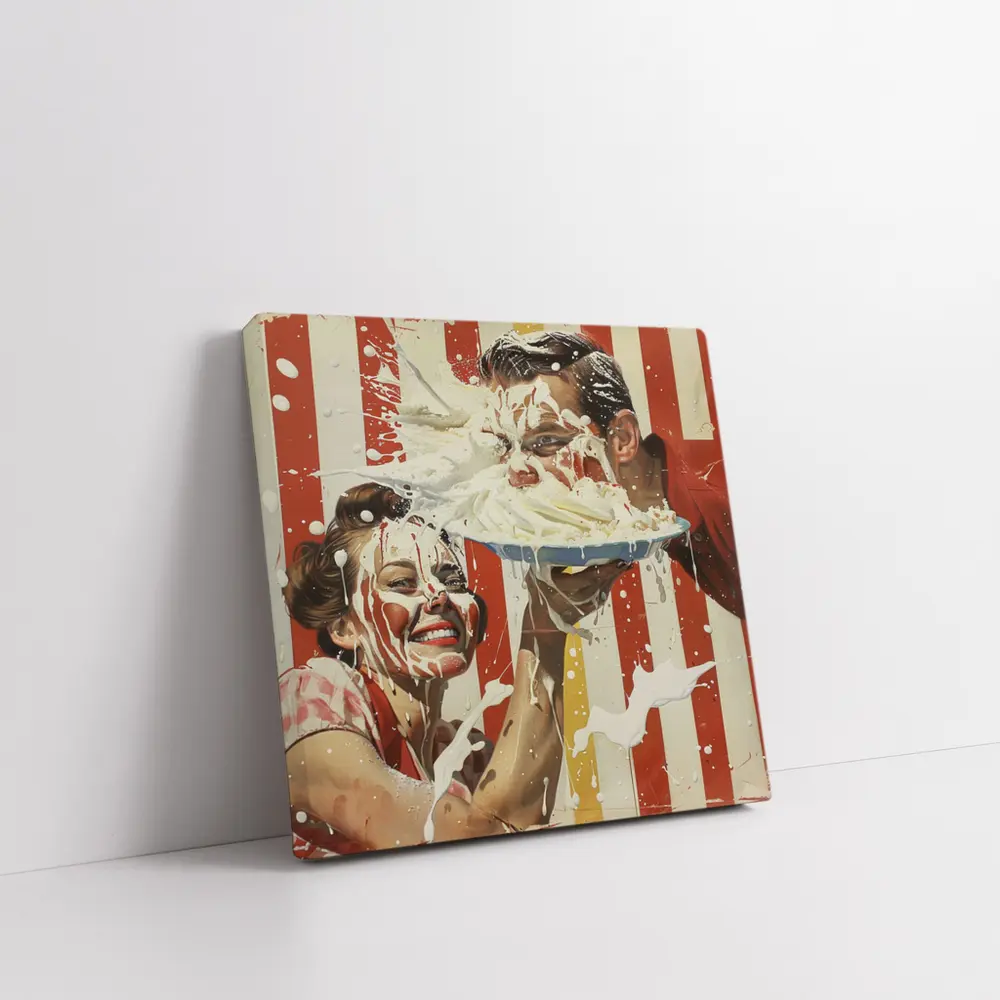 Retro Pie Fight Couple Red Striped Background – Wall Art
