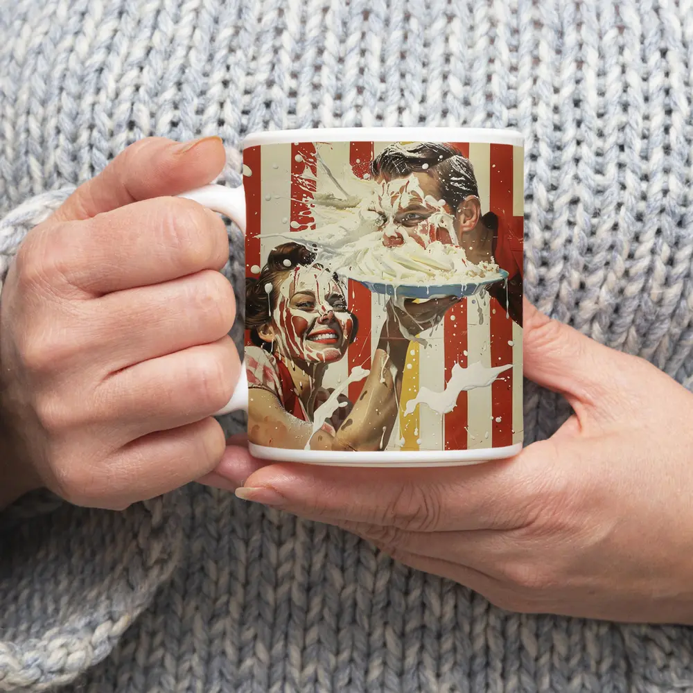 Retro Pie Fight Couple Red Striped Background – Mugs