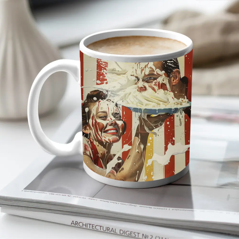 Retro Pie Fight Couple Red Striped Background – Mugs