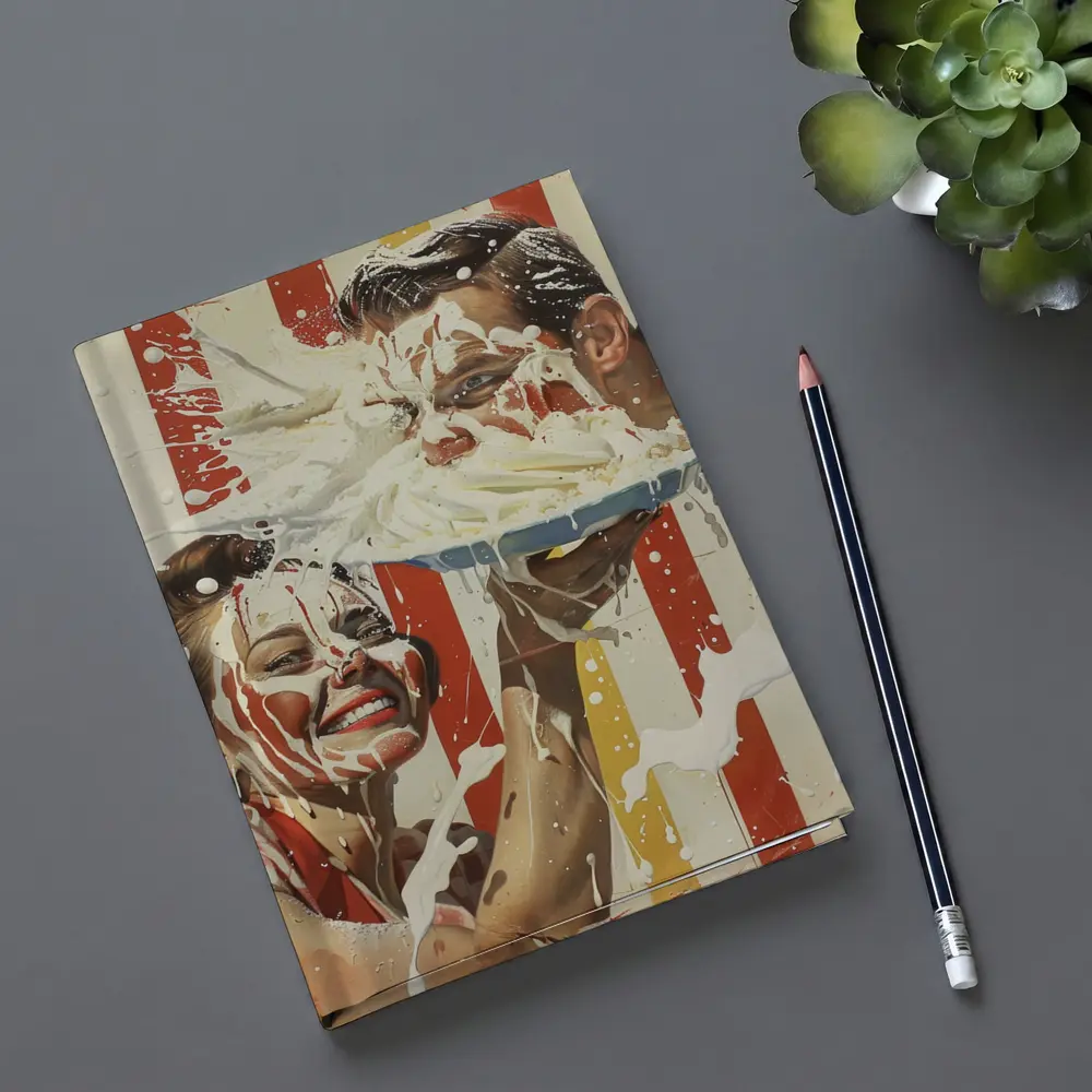 Retro Pie Fight Couple Red Striped Background – Notebooks