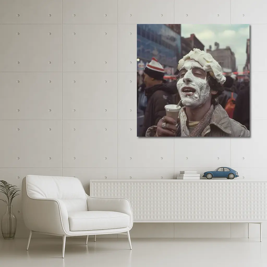 Man Covered Whipped Cream Busy City Street – Wall Art
