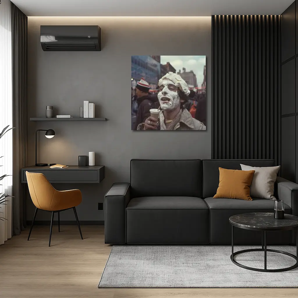 Man Covered Whipped Cream Busy City Street – Wall Art