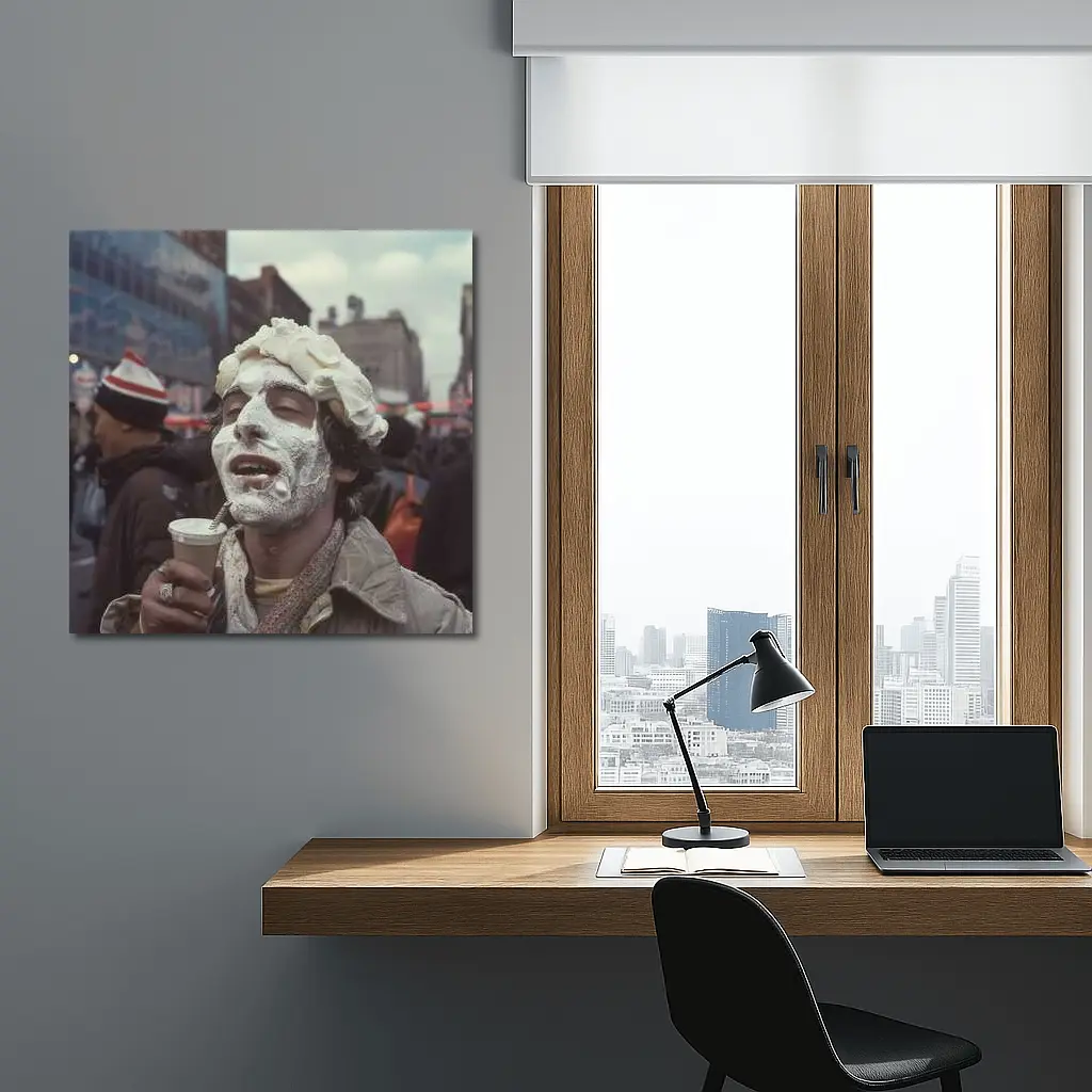 Man Covered Whipped Cream Busy City Street – Wall Art