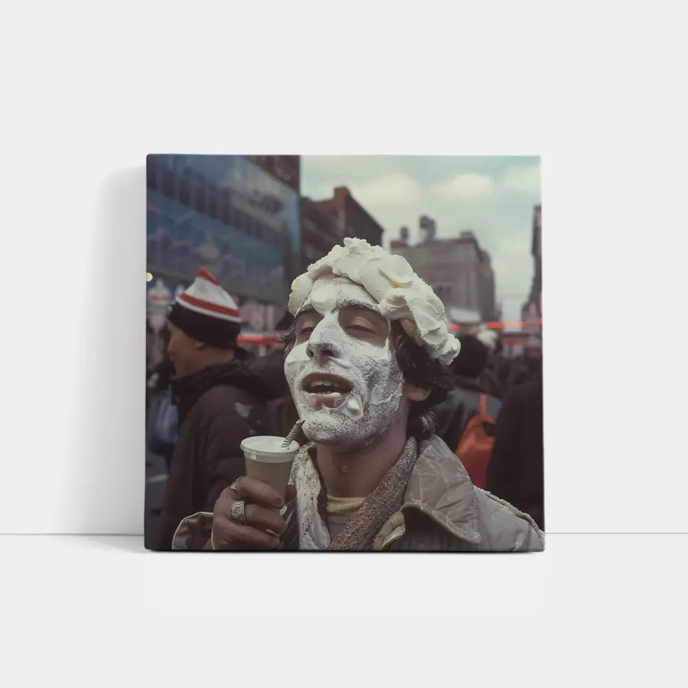Man Covered Whipped Cream Busy City Street – Wall Art